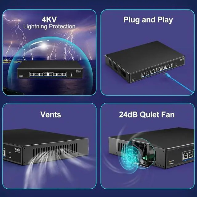 Alt view image 6 of 7 - 8 Port 10G PoE Switch Unmanaged, VIMIN 8 Port 10G PoE Ethernet Switch Support IEEE802.3 af/at, 10G Base-T RJ45 PoE Ports for 1G/2.5G/5G/10G Network, 160Gbps Switching Capacity, Desktop & Rack Mount