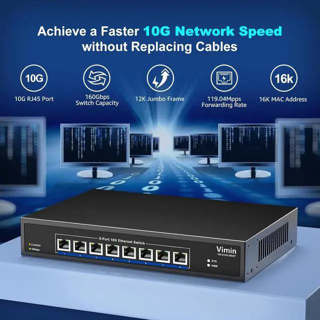 Alt view image 2 of 7 - 8-Port 10G Unmanaged Ethernet Switch, VIMIN 10Gbe Network Switch Support 100M/1000M/2.5G/5G/10G Speed Auto-Negotiation, for 10G NAS Network, Plug & Play, 160Gbps Switching Capacity