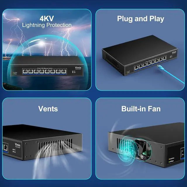 Alt view image 6 of 7 - 8-Port 10G Unmanaged Ethernet Switch, VIMIN 10Gbe Network Switch Support 100M/1000M/2.5G/5G/10G Speed Auto-Negotiation, for 10G NAS Network, Plug & Play, 160Gbps Switching Capacity