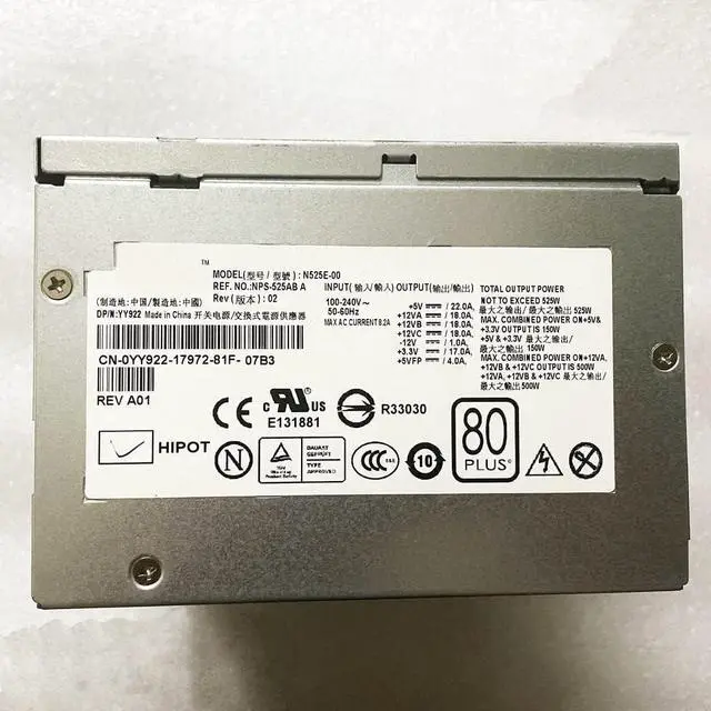 Main image of 525W Switch Power N525E-00 NPS-525AB A YY922 M331J 0YY922 0M331J for PowerEdge T3400 T410 Workstation Power Supply