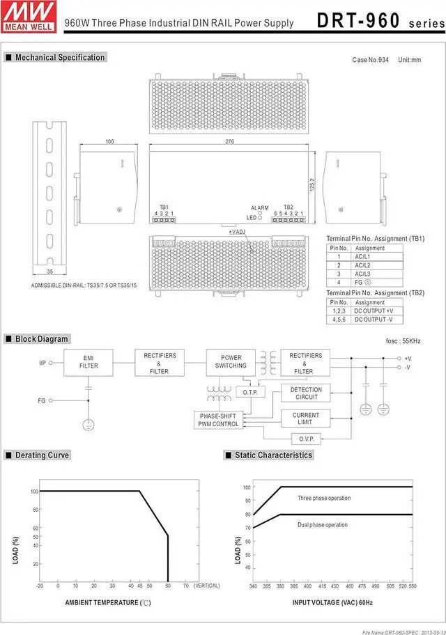 Alt view image 3 of 4 - MW Mean Well DRT-960-24 24V 40A 960W Three Phase Industrial DIN Rail Power Supply
