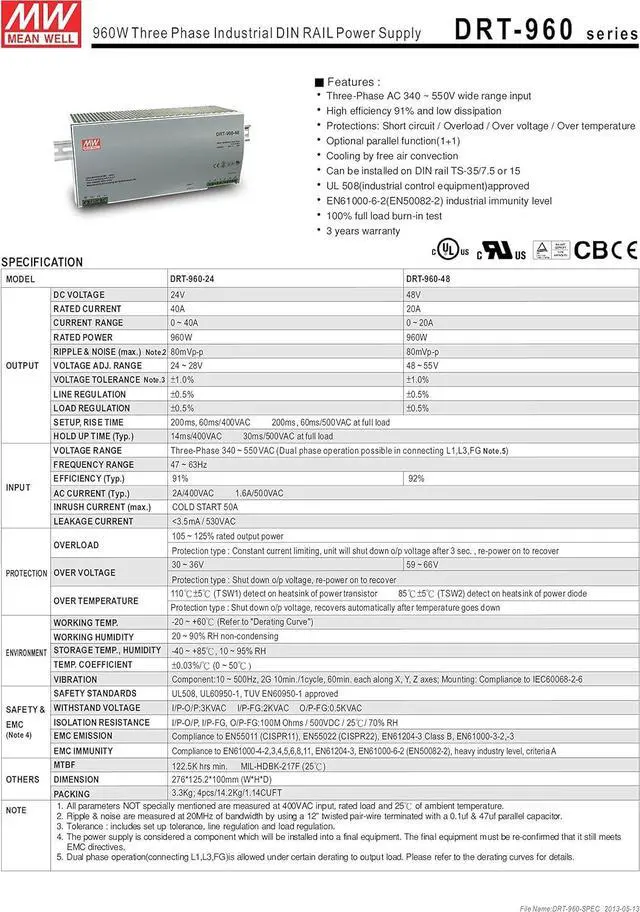 Alt view image 2 of 4 - MW Mean Well DRT-960-24 24V 40A 960W Three Phase Industrial DIN Rail Power Supply