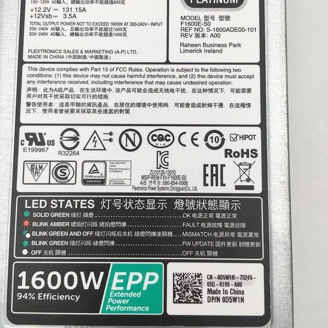 Alt view image 6 of 6 - D1600E-S0 for R630 R730XD R740 FX2S Server Power Supply D1600E-S1 F1600E-S0 T4GCW D5W1N 1600W