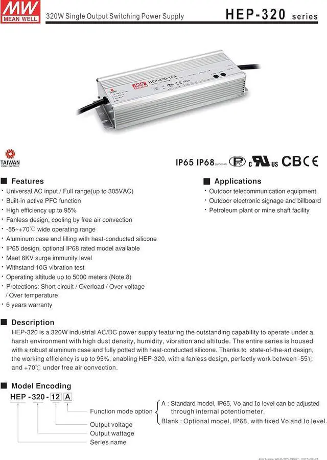 Alt view image 2 of 5 - MEAN WELL HEP-320-24 24V 13.34A 320.16W Single Output Switching Power Supply Harsh Environment