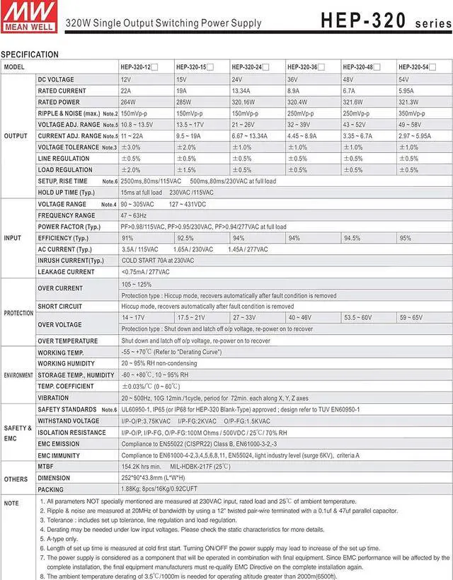 Alt view image 3 of 5 - MEAN WELL HEP-320-24 24V 13.34A 320.16W Single Output Switching Power Supply Harsh Environment