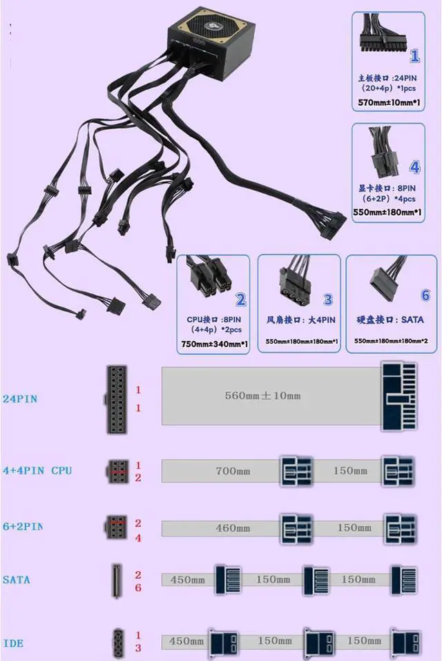 Alt view image 3 of 7 - Efficient 850W Fully Modular Computer Power Supply Stable Output 110V-264V Voltage with Gold Certification Peak1000w