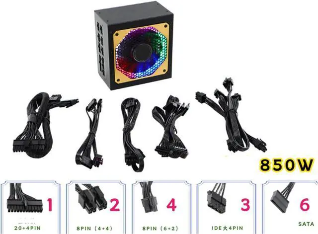 Alt view image 6 of 7 - Efficient 850W Fully Modular Computer Power Supply Stable Output 110V-264V Voltage with Gold Certification Peak1000w