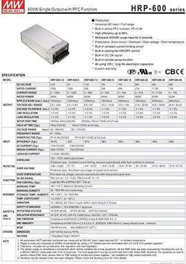 Alt view image 3 of 3 - Enclosed Type 648W 24V 27A HRP-600-24 Meanwell AC-DC SMPS HRP-600 Series Mean Well Switching Power Supply