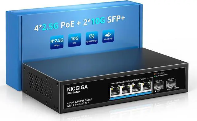 Main image of 4 Port 2.5G PoE Switch Unmanaged with 4 x 2.5Gb Base-T PoE+@78W + 2 x 10G SFP Uplink, 2.5Gbe IEEE802.3af/at Power Over Ethernet Switch, Support WiFi6 AP, NAS, 4K PoE Camera NVR.