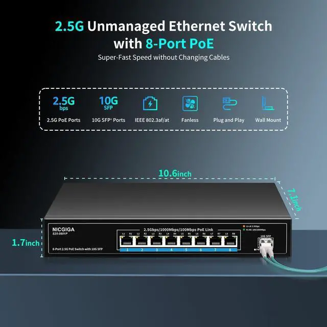Alt view image 6 of 7 - 8 Port 2.5G PoE Switch Unmanaged with 8 x 2.5Gb Base-T @120W + 10G SFP Uplink, 2.5Gbe IEEE802.3af/at Power Over Ethernet Switch, Support WiFi6 AP, NAS, 4K PoE Camera NVR.
