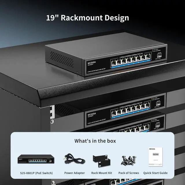 Alt view image 7 of 7 - 8 Port 2.5G PoE Switch Unmanaged with 8 x 2.5Gb Base-T @120W + 10G SFP Uplink, 2.5Gbe IEEE802.3af/at Power Over Ethernet Switch, Support WiFi6 AP, NAS, 4K PoE Camera NVR.