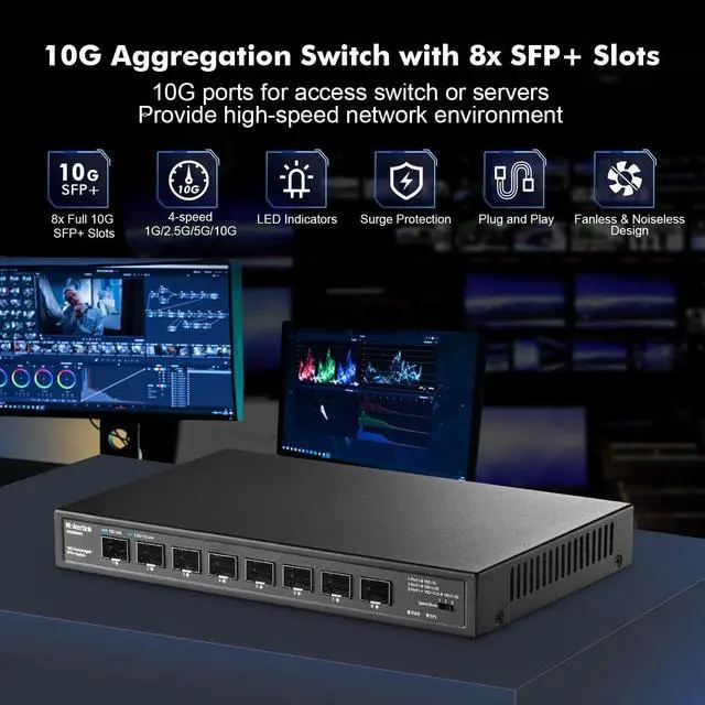 Alt view image 2 of 7 - MokerLink 8 Port 10Gbps SFP+ Switch, Support 1G/2.5G/10G SFP Module, 160Gbps Bandwidth, Fanless Unmanaged Plug and Play Ethernet Switch