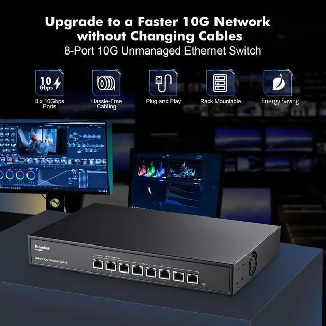 Alt view image 2 of 7 - MokerLink 8 Port 10Gbps Etheret Switch, Support 10G/5G/2.5G/1000M/100M Auto-Negotiation, 160Gbps Bandwidth Unmanaged Plug and Play Switch