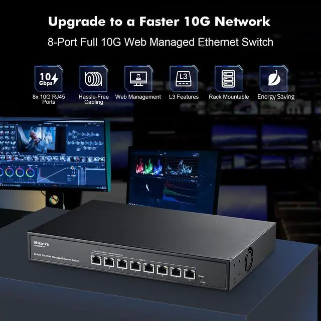 Alt view image 2 of 7 - MokerLink 8 Port 10 Gigabit Managed Switch, Support 10G/5G/2.5G/1000M Auto-Negotiation, 160Gbps Bandwidth, Smart Web Managed, Metal Rackmount Ethernet Switch