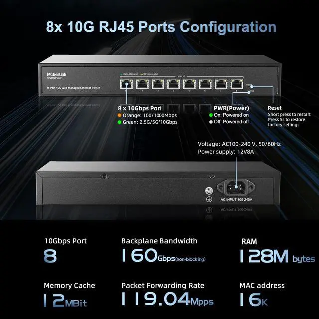 Alt view image 4 of 7 - MokerLink 8 Port 10 Gigabit Managed Switch, Support 10G/5G/2.5G/1000M Auto-Negotiation, 160Gbps Bandwidth, Smart Web Managed, Metal Rackmount Ethernet Switch