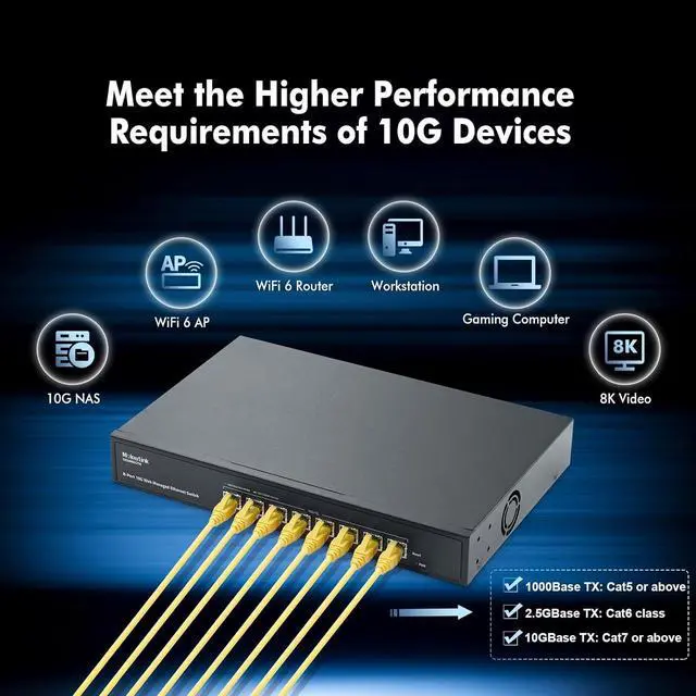 Alt view image 5 of 7 - MokerLink 8 Port 10 Gigabit Managed Switch, Support 10G/5G/2.5G/1000M Auto-Negotiation, 160Gbps Bandwidth, Smart Web Managed, Metal Rackmount Ethernet Switch