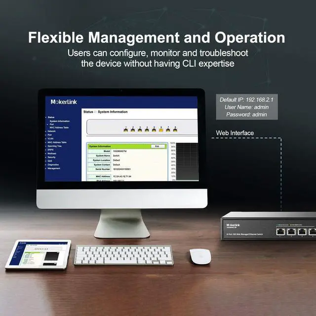 Alt view image 7 of 7 - MokerLink 8 Port 10 Gigabit Managed Switch, Support 10G/5G/2.5G/1000M Auto-Negotiation, 160Gbps Bandwidth, Smart Web Managed, Metal Rackmount Ethernet Switch