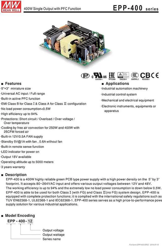 Alt view image 4 of 7 - Original Mean Well EPP Series 400W 12V Industrial Open Frame Power Supply 110V/220VAC to 12V DC 33.3 A Green PCB Power Unit PSU Transformer with PFC
