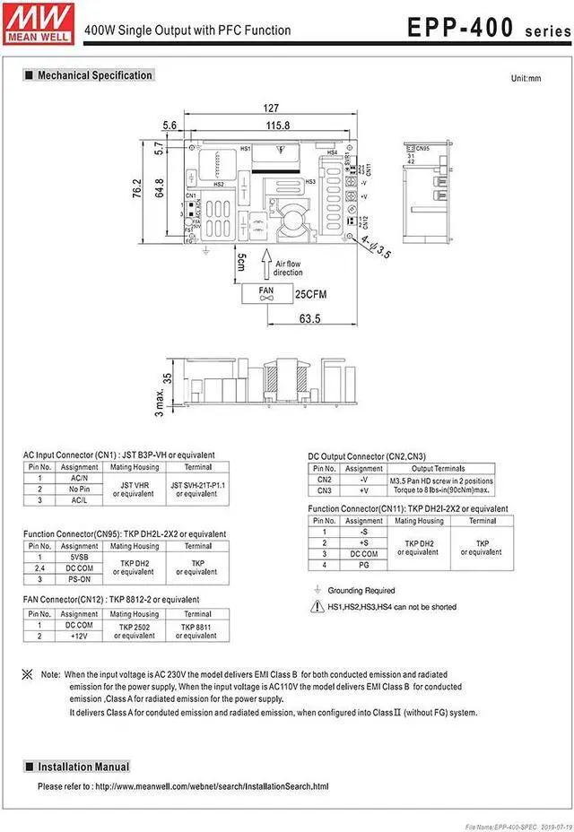 Alt view image 7 of 7 - Original Mean Well EPP Series 400W 12V Industrial Open Frame Power Supply 110V/220VAC to 12V DC 33.3 A Green PCB Power Unit PSU Transformer with PFC