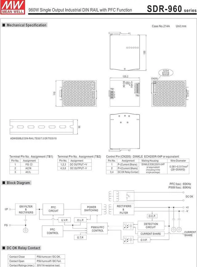 Alt view image 3 of 4 - MW Mean Well SDR-960-48 48V 20A 960W Single Output Industrial DIN Rail with PFC Function Power Supply