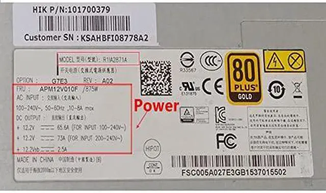 Alt view image 2 of 3 - PSU for 80plus Gold 875W Power Supply R1IA2871A R2IS7871A