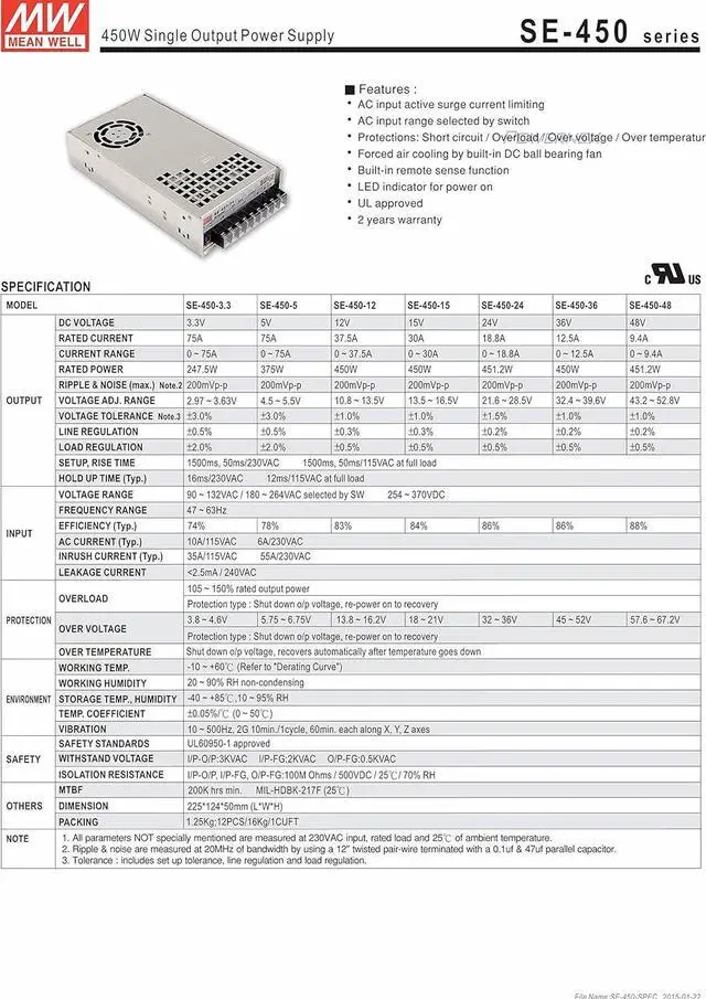 Alt view image 2 of 3 - [PowerNex] Mean Well SE-450-36 36V 12.5A 450W Single Output Switching Power Supply