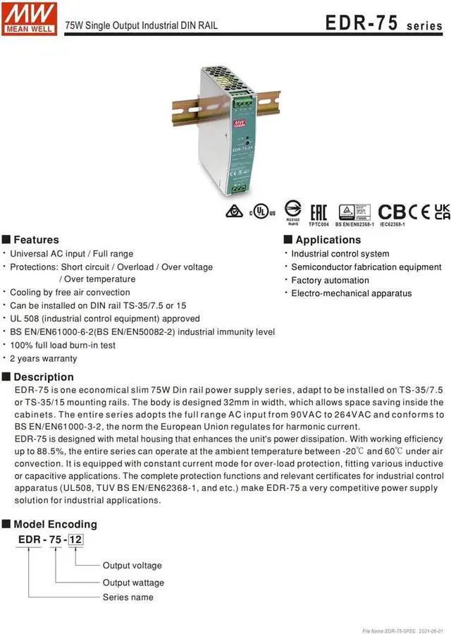 Alt view image 5 of 7 - (12PACK) Mean Well EDR Switch Mode DIN Rail Slim and Economical Power Supply 90 ? 264V Ac Input EDR-75 Series 75W (EDR-75-12)