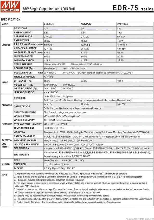 Alt view image 6 of 7 - (12PACK) Mean Well EDR Switch Mode DIN Rail Slim and Economical Power Supply 90 ? 264V Ac Input EDR-75 Series 75W (EDR-75-12)