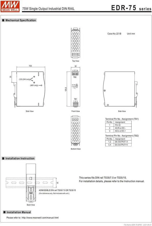 Alt view image 7 of 7 - (12PACK) Mean Well EDR Switch Mode DIN Rail Slim and Economical Power Supply 90 ? 264V Ac Input EDR-75 Series 75W (EDR-75-12)