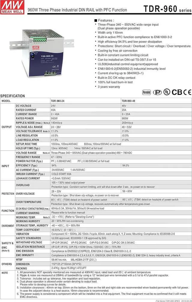 Alt view image 2 of 4 - MW Mean Well TDR-960-24 24V 40A 960W Three Phase Industrial DIN RAIL with PFC Power Supply Function