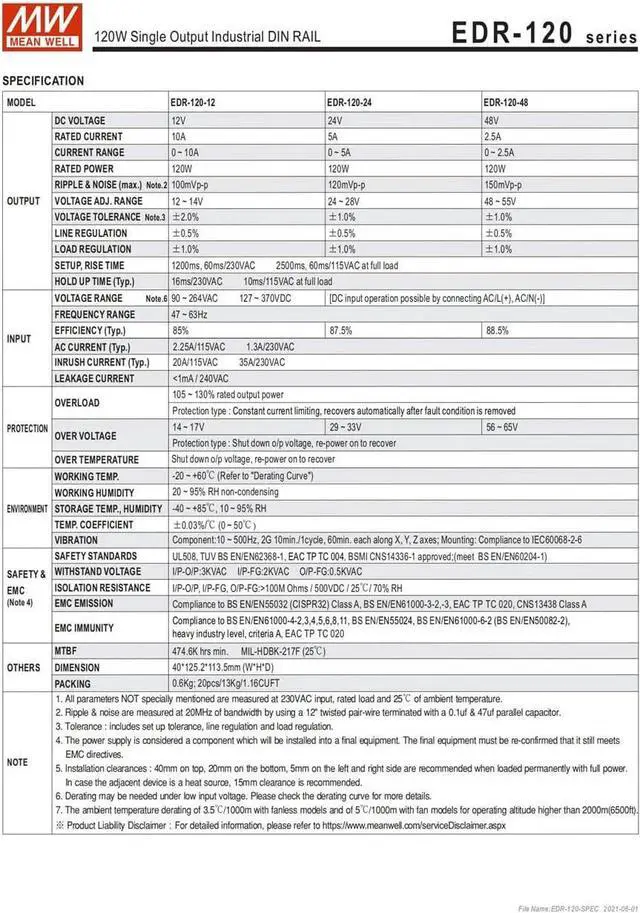 Alt view image 5 of 6 - (12PACK) Mean Well EDR Switch Mode Slim and Economical DIN Rail Power Supply 90-264V Ac Input, EDR-120 Series 120W (EDR-120-12)