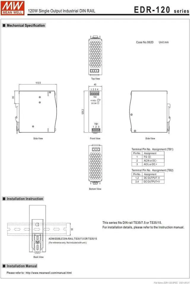 Alt view image 6 of 6 - (12PACK) Mean Well EDR Switch Mode Slim and Economical DIN Rail Power Supply 90-264V Ac Input, EDR-120 Series 120W (EDR-120-12)