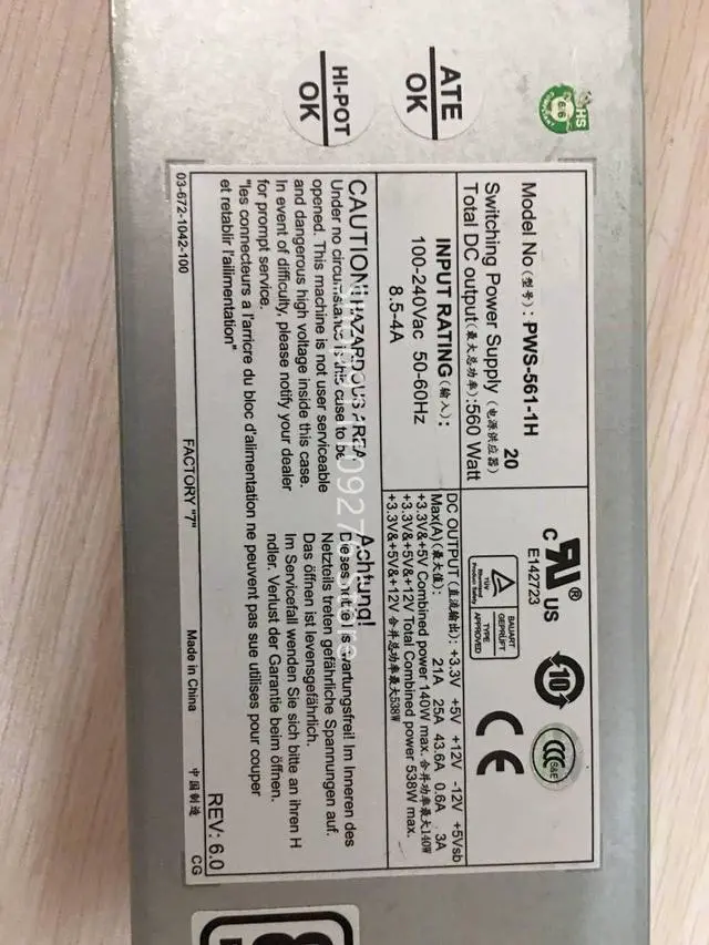 Alt view image 2 of 4 - PWS-561-1H for 560W 1U Multi-Output Power Supply (PWS-561-1H 20) 1x 20 Pin ATX (Motherboard)