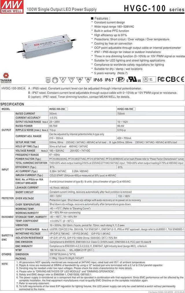 Alt view image 2 of 7 - MW Mean Well HVGC-100-700B 142V 700mA 100W Single Output LED Switching Power Supply