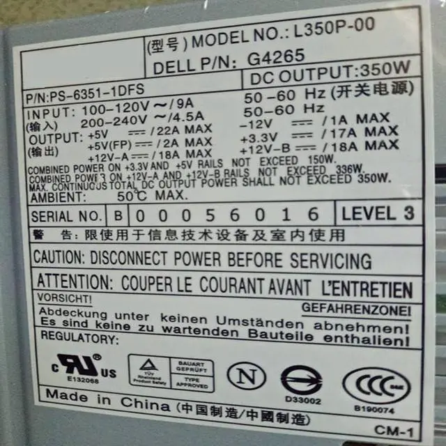 Alt view image 3 of 4 - PSU for 370 8400 Rated 350W Peak 450W Power Supply L350P-00 G4265 NPS-350CB PS-6351-1DFS N350P-00 X2634