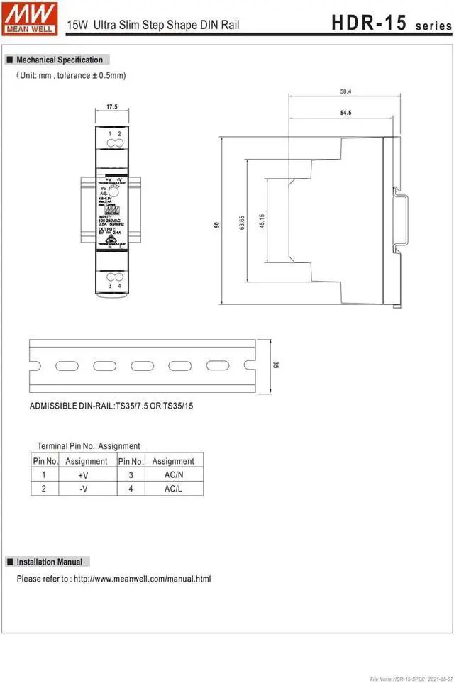 Alt view image 7 of 7 - (12PACK) Mean Well HDR Switch Mode DIN Rail Power Supply 120 ? 370 V Dc, 85 ? 264 V Ac Input HDR-15 Series 15W (HDR-15-5)