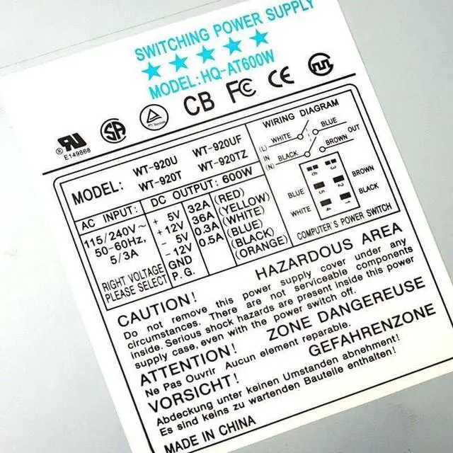Alt view image 4 of 5 - PSU for RongNing Shuma at P8P9 600W Power Supply HQ-AT600W