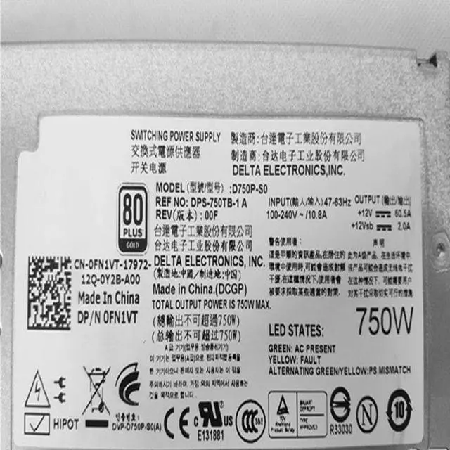 Alt view image 3 of 4 - PSU for T710 R810 R815 R510 R910 750W Power Supply D750P-S0 CNRJ9 FN1VT P25DV DPS-750TB-1 A