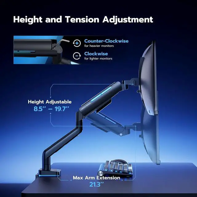 Alt view image 4 of 7 - Heavy Duty Monitor Arm for 49'' & 44 Lbs Ultrawide Monitor, Compatible with Samsung Odyssey G9 and LG Monitor, RGB Monitor Desk Arm, Adjustable Gas Spring Single Monitor Mount, Black