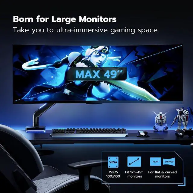 Alt view image 5 of 7 - Heavy Duty Monitor Arm for 49'' & 44 Lbs Ultrawide Monitor, Compatible with Samsung Odyssey G9 and LG Monitor, RGB Monitor Desk Arm, Adjustable Gas Spring Single Monitor Mount, Black
