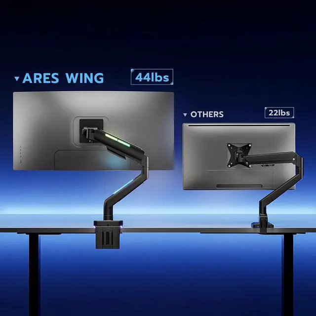 Alt view image 2 of 7 - Heavy Duty Monitor Arm for 49'' & 44 Lbs Ultrawide Monitor, Compatible with Samsung Odyssey G9 and LG Monitor, RGB Monitor Desk Arm, Adjustable Gas Spring Single Monitor Mount, Black