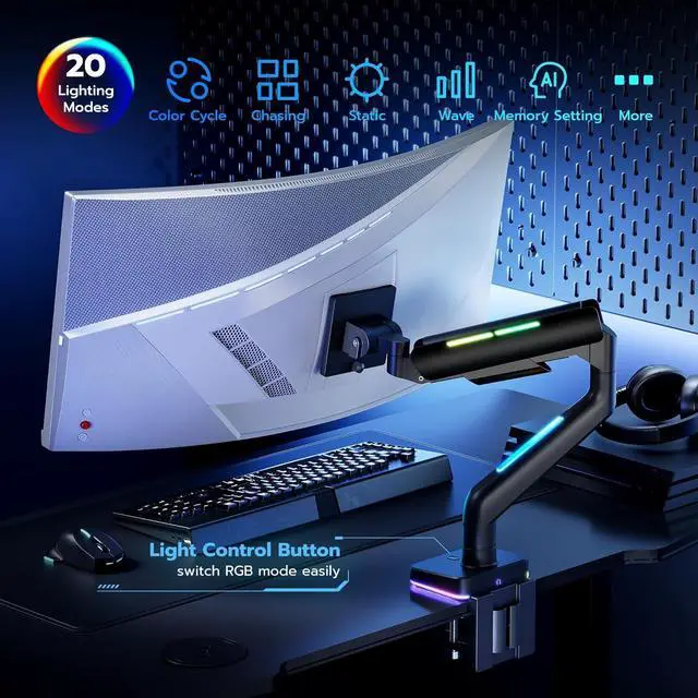 Alt view image 6 of 7 - Heavy Duty Monitor Arm for 49'' & 44 Lbs Ultrawide Monitor, Compatible with Samsung Odyssey G9 and LG Monitor, RGB Monitor Desk Arm, Adjustable Gas Spring Single Monitor Mount, Black