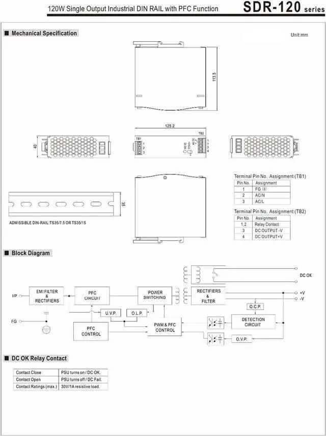 Alt view image 4 of 5 - SDR-120-24 DC 24V 5A 120W Single Output Industrial DIN Rail with PFC Function Power Supply