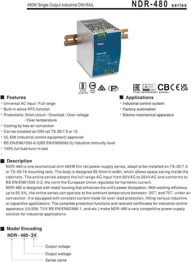 Alt view image 2 of 4 - Switching Power Supply NDR-480 NDR-480-24 NDR-480-48 Power Supply Din Rail Switching NDR 480 480 (Size : NDR-480-24, Color : 480W)