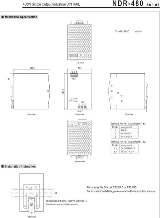 Alt view image 4 of 4 - Switching Power Supply NDR-480 NDR-480-24 NDR-480-48 Power Supply Din Rail Switching NDR 480 480 (Size : NDR-480-24, Color : 480W)