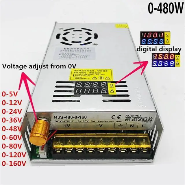Alt view image 2 of 5 - 480W Switching Power Supply Voltage Adjustment 0-12V 5V 24V 36V 48V 60V 80V 120V 160V LED Dual Digital Display Power Supply (Color : 110/220V±15%, Size : 0-12V 40A)