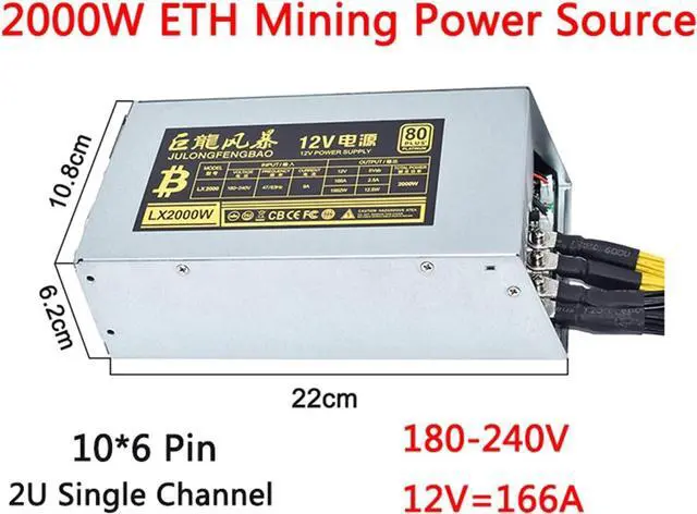 Alt view image 2 of 6 - 2000W ETH Mining Rig Power Supply 2U Single Channel Miner GPU PSU 10x6Pin Efficiency Device for BTC Antminer Bitcoin S7 S9