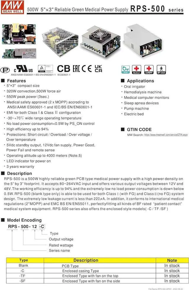Alt view image 2 of 7 - Mean Well RPS-500-36-C 500.4W Reliable Green Medical Power Supply RPS-500 36V 13.9A