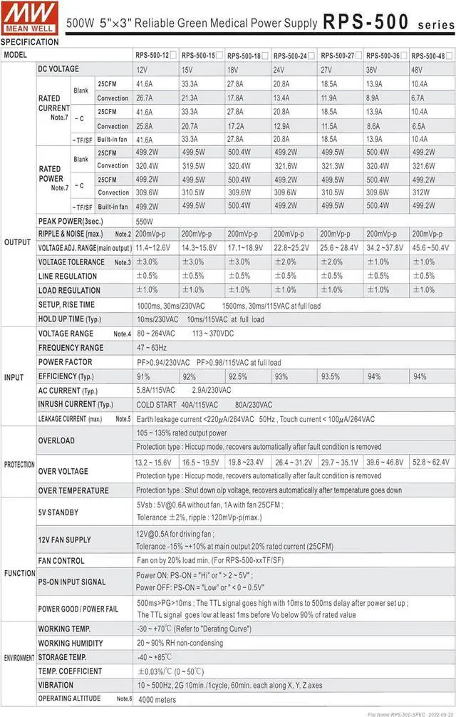 Alt view image 2 of 7 - Mean Well RPS-500-24-SF 499.2W Reliable Green Medical Power Supply RPS-500 24V 20.8A