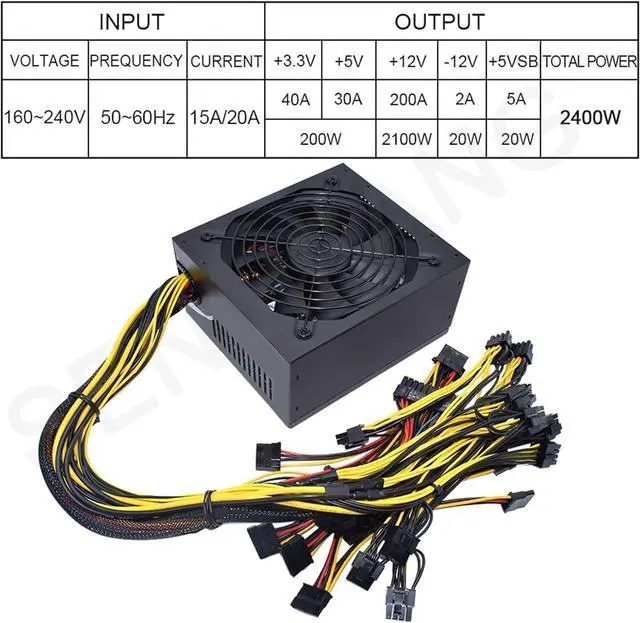 Alt view image 4 of 7 - 2400W ATX Mining Power Supply Bold 12AWG line Can Connect 8GPU Auto-Thermally Controlled Fan for Bitcoin ETH Miner PSU